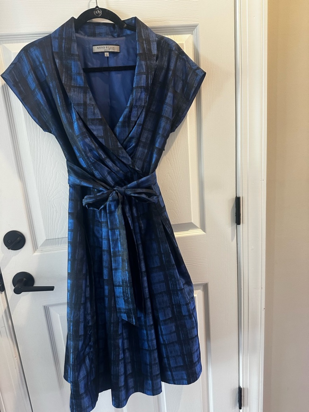 Anne Klein Blue Plaid Wrap Dress with Tie Waist